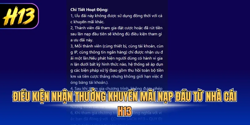 Điều kiện nhận thưởng khuyến mãi nạp đầu từ nhà cái H13
